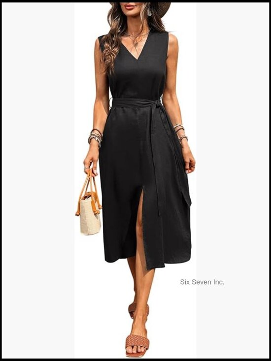 Dresses & Skirts - 100% Linen Midi Dress with V Neck Sleeveless Design and Waist Belt